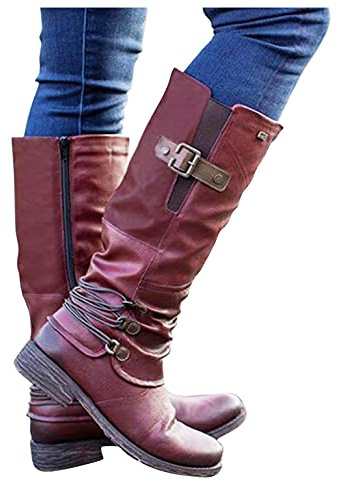 Hbeylia Boots For Women Vintage Fashion Casual Leather Round Tie Chunky Block Low Heels Motorcycle Riding Mid Calf Boots Retro Slip On Work Boots With Metal Buckle Winter Short Boots For Ladies