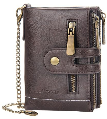 Mens Wallet with Chain, RFID Blocking PU Leather Bifold Wallets Zipper