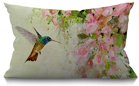 BGBDEIA Housse de coussin motif colibri et fleurs roses, peinture à l'huile artistique, coton et lin, taie d'oreiller rectangulaire décorative pour canapé et lit, canapé, 30 x 50 cm