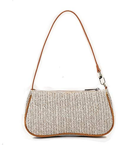 Rattan-Tasche, gewebte Tasche, Umhängetasche, Strohtasche, kleine Strohtaschen, Sommer, Strandtasche, lässige Kupplung, Schultertasche, Handtasche mit Reißverschluss for Damen ( Color : Beige a )