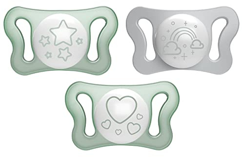 Chicco PhysioForm Micrò Lumi, Schnuller für Babys im Dunkeln, leicht, mit Mini-Brust, ergonomische Form, unterstützt die richtige Entwicklung des Mundes, 0-2 Monate, 2 Stück, neutral