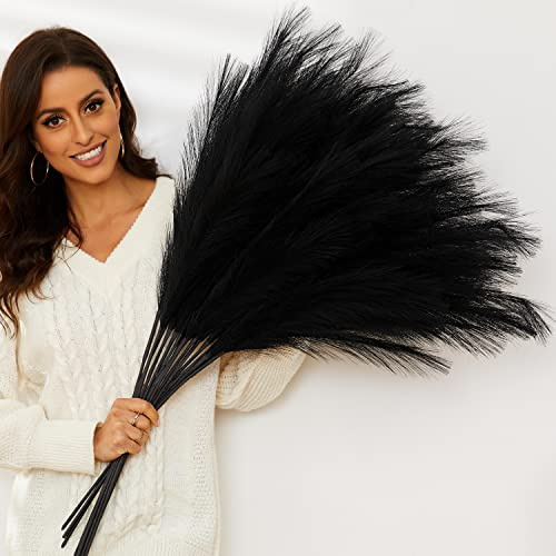 QUBITFUL Black Pampas Grass, 9 PCS 37''/3.1FT Tall Fluffy Fake Pompas Floral, Large Artificial Pompous Grass Branches for Floor Vase Fillers, Boho Farmhouse Room Wedding Decor (Black)