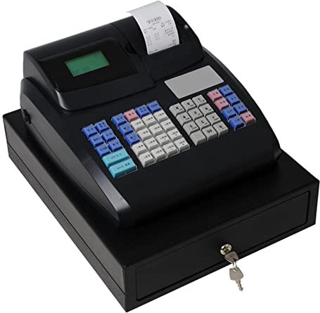 DOZPAL Elektronische Registrierkasse mit 8 digitalen LED-Anzeigen für kleine Unternehmen, Einzelhändler, Supermärkte, Registrierkassen mit Schublade und 48-Tasten-Tastatur,Black