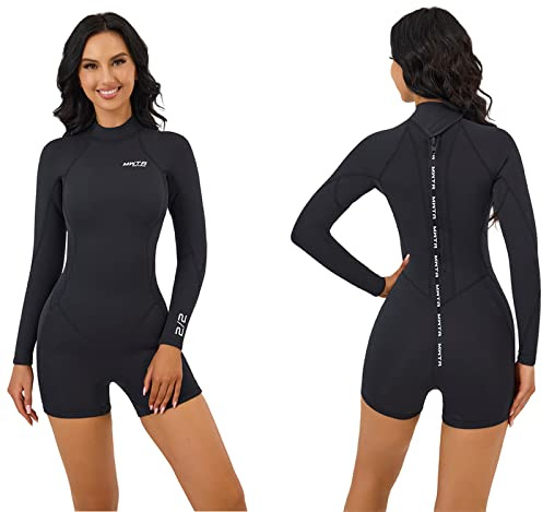 MWTA Kurzer Neoprenanzug für Damen, 2 mm, Neopren, langärmelig, mit Reißverschluss hinten, UV-Schutz, Neoprenanzug zum Tauchen, Schnorcheln, Schwimmen, Surfen, Größe 44