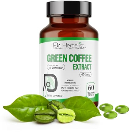 Dr. HERBALIST Green Coffee Extract 450mg – 60 Vegan Capsules | 10:1 (4,500mg Raw Eq) | Caffeine-Free Unroasted Coffee Bean Supplement