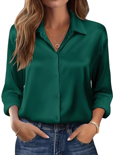 Zeagoo Chemise Satin Femme Manches Longues Soie Chemisier Chic Haut Élégant Col V Business Vert S