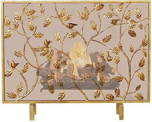 Kaminschutzgitter, Feuerschutz, Kaminschutz, Metall, dekoratives Netz, freistehender Funkenschutz, B 40 x H 31,5 Zoll, Blattmuster-Design, Goldfarbene Kaminplatten, kindersicherer Zaun Marriage