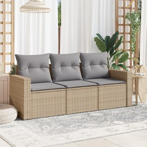 Homgoday 3-teiliges Gartensofa-Set mit beigefarbenen Kissen aus Polyrattan, Outdoor-Sofas für den Garten, Loungeset für den Außenbereich, Gartenmöbel