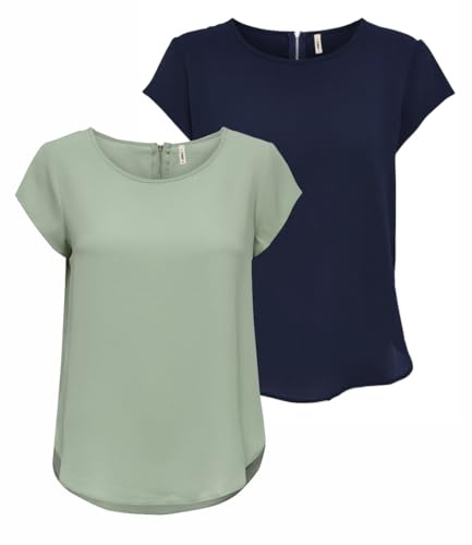 ONLY Onlvic SS AOP Noos Ptm Top, Camiseta, Blusa, Pack de 2 (1 x Desert Sage/1 x Navy Blazer), 44