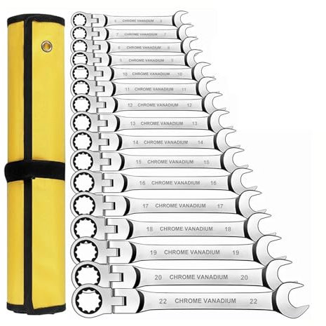 DUOCAI Juego de Llaves combinadas de carraca Juego de Llaves combinadas de trinquete, Llave de trinquete de Cabeza Flexible métrica de 6-23 mm, Llave de Acero al Cromo vanadio con Bolsa(6pcs)