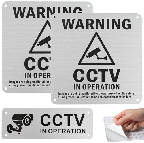 HavaCue 3 Pcs CCTV in Operation Sign Metal with Self Adhesive, 15x15cm and 15x5cm CCTV Signs, Aluminium Brushed Signs, Signage Warning Sign for Door Wall Windows Indoor or Outdoor Pre Drilled