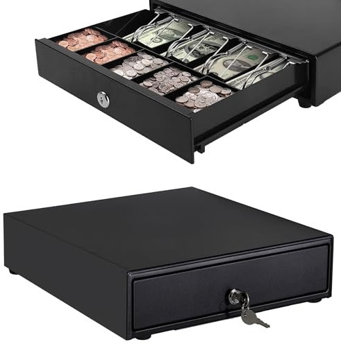 Open Cash Drawer Heavy Duty Electronic Cash Register Till Drawer Box, 4 Cash Bills Notes Cheques Compartment, 5 Coin Trays Key Lock System for Point Sale Retail Shops Businesses 33.5x38x8cm