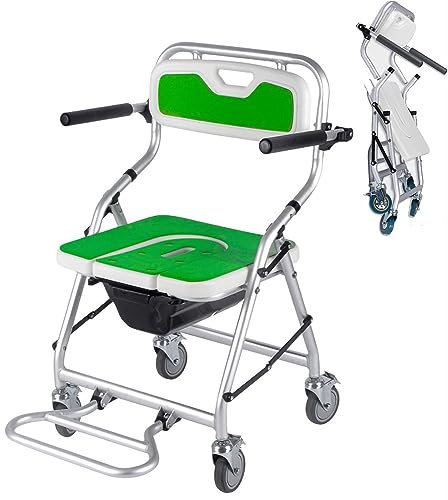HPTHLY Klappbarer Duschstuhl mit Rädern, 55 cm breiter Duschstuhl für Senioren mit verstaubaren Pedalen und 4 Radbremsen, Duschbadstühle für mobili,(B)