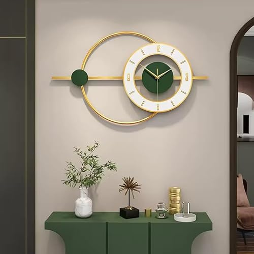 Goldene & grüne stille Wanduhr, groß, 65 x 38 cm, moderne Wohnkultur, nicht tickendes Quarzwerk, elegantes Design für Wohnzimmer & Büro