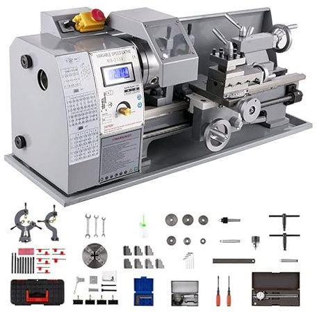 AUBEST Mini Torno de Metal de 210 mm x 400 mm, Pantalla Digital de sobremesa de Velocidad Variable for torneado de Metal, taladrado, roscado