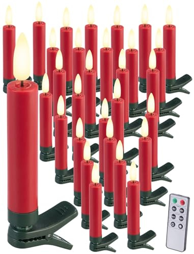 Lunartec LED Weihnachtskerzen: 30er-Set LED-Weihnachtsbaumkerzen mit Dochten und Flammen-Effekt, rot (Kerze mit Kerzendocht, Christbaumkerzen, 3D)