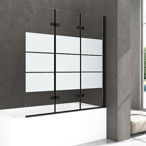 Duschwand für Badewanne 140x140cm Dusche Duschkabine, 3-teilig Glaswand Badewannenaufsatz, Duschabtrennung Faltbar Duschtrennwand mit 6mm ESG Glas, Duschrollo Schwarz Badewannenfaltwand