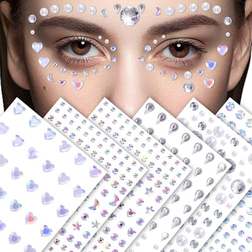 6 PCS Glitzersteine Selbstklebend, Strasssteine Selbstklebend, Glitzersteine Gesicht, Strass Aufkleber für Gesicht Augen Körper Nail-Art-Dekorationen Festival Make Up