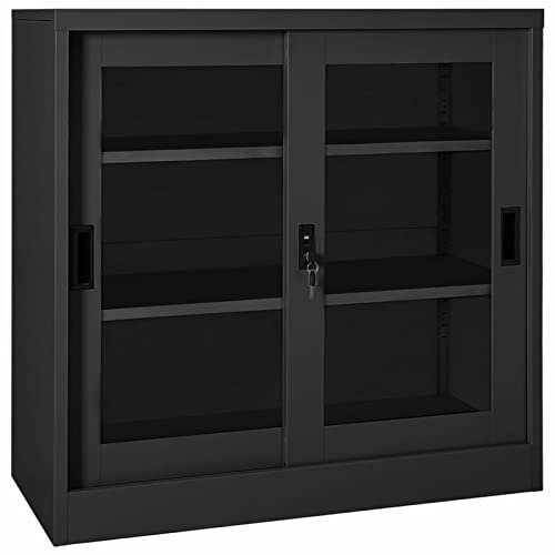 Armoire de rangement de bureau verrouillable en métal avec portes coulissantes en acier clair Anthracite 90 x 40 x 90 cm