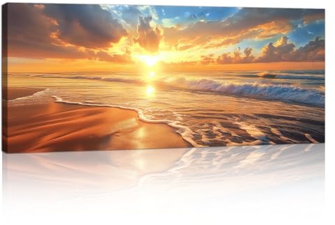 Stor Strand Solnedgång Havslandskap Med Ram Canvastryck Orange Natur Kust Landskap Moderna Bilder Canvas Målning Bild Vardagsrum Sovrum Kök Dekoration Väggmålning 120x50cm