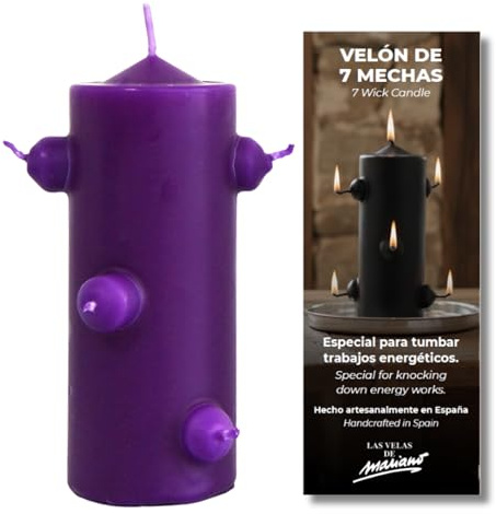 VELAS MARIANO Candela nera con 7 stoppini, 16 cm di altezza x 5,5 cm di larghezza, per rituali di pulizia (viola)
