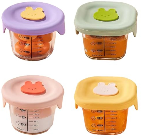 QOKLIYUI 4 teiliges Set mit Babynahrungsgläsern und Deckel, 4 x 240 ml Glasbehälter zur Aufbewahrung von Milch und Obst, 4 teiliges Set mit Babynahrung