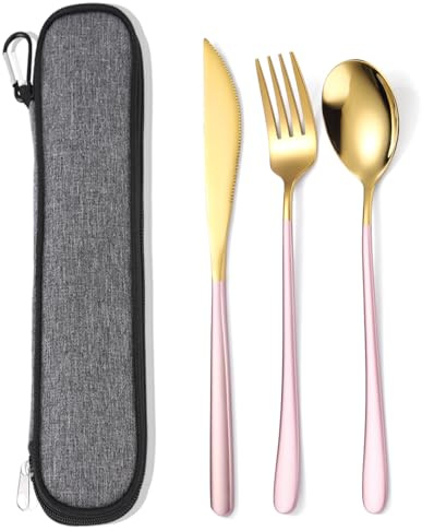 AARAINBOW Mittagessen Besteck Set für 1 Personen, 3 Teilig, Spiegelpoliert, Tragbar Flatware Set Edelstah Besteck, Reisen Messer Gabel Löffel Set mit Tasche, Geschirrspüler Sicher (Pink Gold)