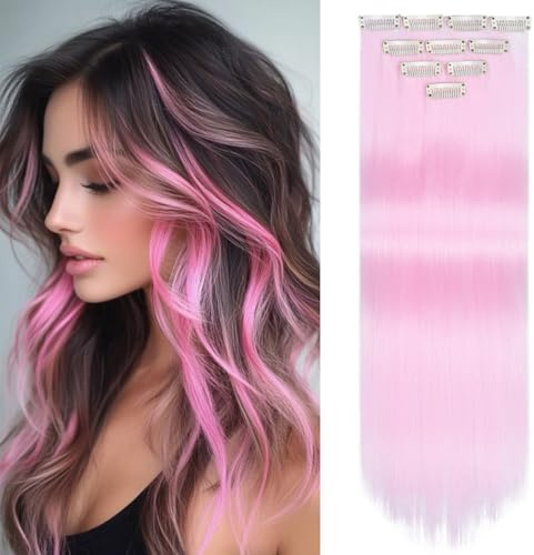 Yamel Colored Hair Extensions 10 Pieces 20 inch Bright Pink Clip in Hair Extensions for Women Synthetic Straight Hairpieces for Christmas Costume Party