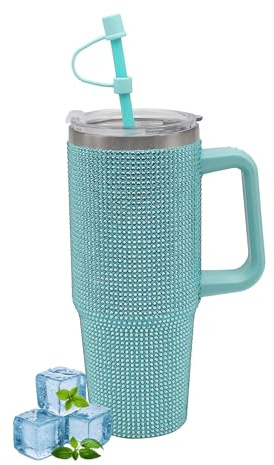 Lesser & Pavey Thirsteez Teal Diamante Drinks Cup for Hot Or Cold Drinks | Large Thermal Travel Mug with Lid & Straw for Office, Gym, Home Or Travel | Insulated Tumbler Coffee Cups for Daily Use