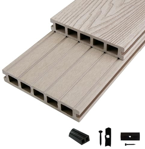 Woodstore24 WoodoMykonos Komplettset 2,4 m - Grau - Terrassendiele - 5-Kammer System - Rutsch- & Wetterfest - Breite: 145 mm, Stärke: 25 mm - 9 m²
