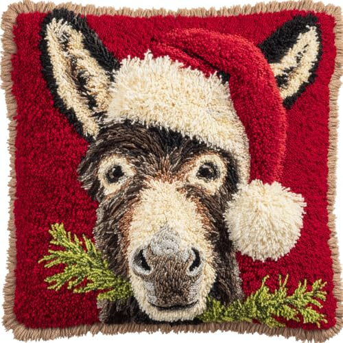 Taxpy Latch Hook Kits Pillow Donkey with Santa Hat Crochet Yarn Cushion Colour Pre-Printed Canvas Rug Needlework DIY Pillowcase Hook and Latch Kit Christmas Home Arts Crafts Sofa Decoration 43X43C