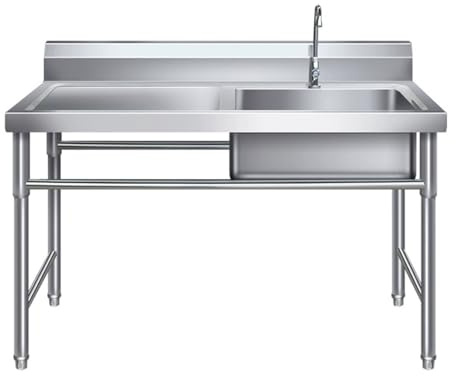 Fcmeavo Freestanding Mobile Stainless Steel Utility Sink – Commercial Single Bowl Sink Unit with Stand & Tap, Multifunction Catering/Laundry/Garage/Kitchen/Outdoor Washing Station(120x60x80cm)