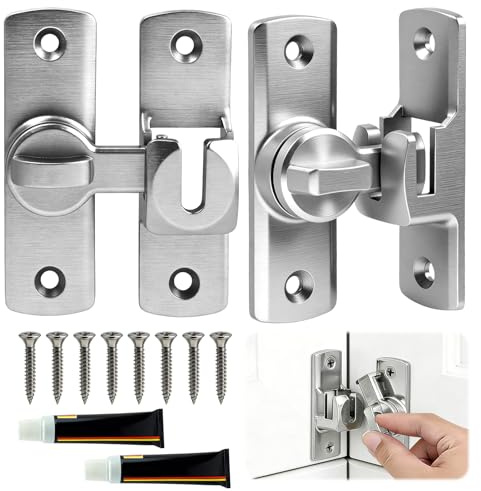 2Packs Sliding Door Lock, 90/180 Degree Sliding Door Latch Set with Barn Door Lock Style in Aluminium Alloy, Compact Design, Silver Hardware Suitable for Bathroom Use & Home Security