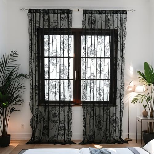 Fmorgen Französische Spitzenvorhang Durchlässig Spitzenvorhang, 2 Stück Spitzengardinen Gardinen Vintage-Fensterbehandlung Ösenvorhang für Wohnzimmer Schlafzimmer (Black-140x100CM)