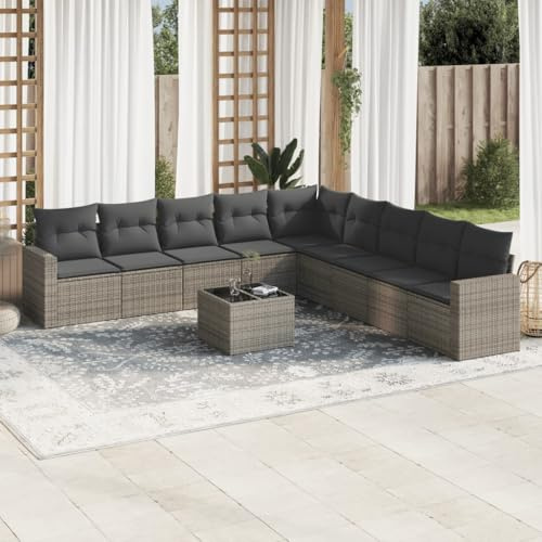 Frdhee Ecksofa Klein Eckbankgruppe,10-TLG. Garten-Sofagarnitur mit Kissen Grau Poly Rattan,Außencouch für Balkon,Terrasse,Poolbereich