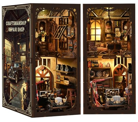 Honghuang Book Nook Garage DIY en Bois, Atelier De Réparation Vintage avec LED, 374 Pièces Miniature Serre-Livres Cadeau pour Adultes 002