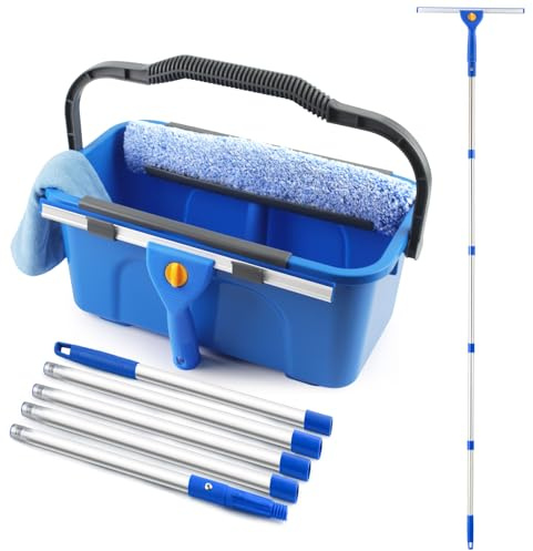 Professional Window Cleaning Kit with Bucket 3 Gallon, 76 Long Handle Window Squeegee and Microfiber Scrubber, High Windows Washing Equipment, Window Cleaner Tool for Commercial, Home, Outdoor, Car