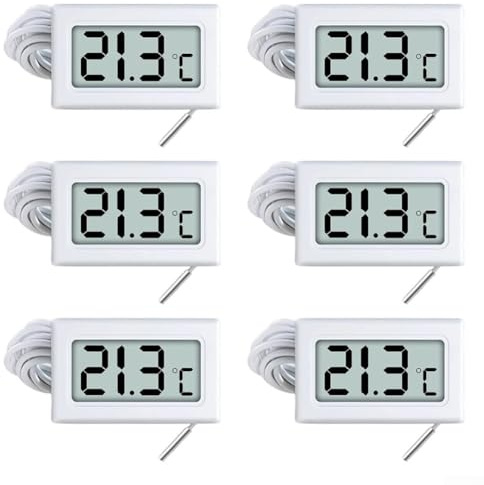ZiStarlilife Digital Thermometer Set With External Probe -50°C To 110°C, 1M Sensor For Refrigerators, Freezers, Aquariums, Wine Cellars, ABS & Stainless Steel Build, 48X28mm, 6PCS(White)