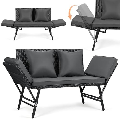 Gartenbank Polyrattan mit Liegefunktion 3 in 1, Wetterfest Gartensofa mit Verstellbaren Armlehnen, 2-Sitzer Outdoor Sofa für Garten,Balkon & Terrasse, Balkon Sofa inkl. Kissen und Sitzpolster,Grau