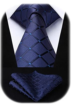 HISDERN Navy Blue Ties For Men Extra Long Check Plaid Tie and Handkerchief for Wedding Party Mens Necktie with Pocket Square Set