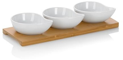 kela serving bowl set 4pcs PHILIPA, porcelana snack bowls con plato de servir de bambú, forma de gota, dip bowl set blanco
