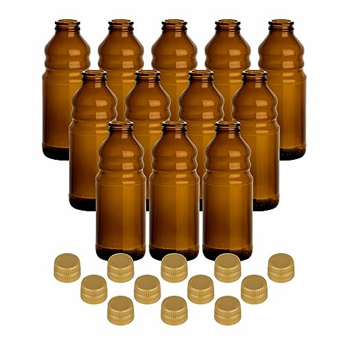 gouveo 12er Set Glasflaschen 250 ml (0,25 l) Rical Glasflasche 250 ml rund mit Ricalverschluss aus Kunststoff mit Ausgießer & Originalitätssicherung, Braunglas Ölflasche (RFR250G)