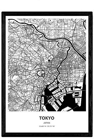 Nacnic Poster Mappa di Tokyo - Giappone. Città asiatiche Fogli con Mari e fiumi, in Colore Nero. Formato A3
