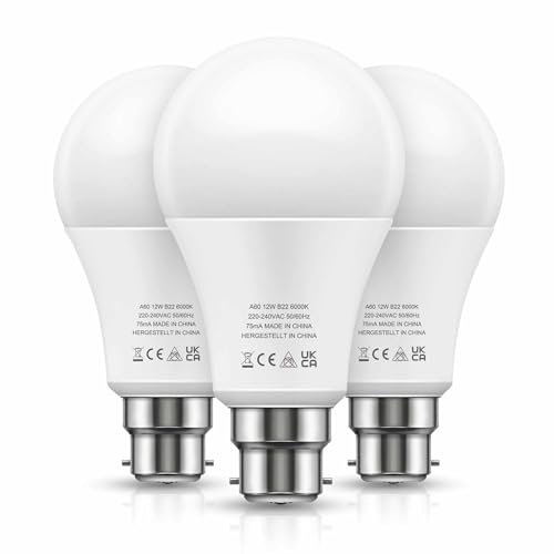 LOHAS-LED Bayonet Light Bulb Cool White, 100 Watt Bayonet Light Bulbs, Daylight Bulbs 6000K Bright Light Bulb Bayonet, 1100LM 12W A60 BC GLS Energy Saving Bulb, Kitchen Bedroom Living Room, 3 Pack