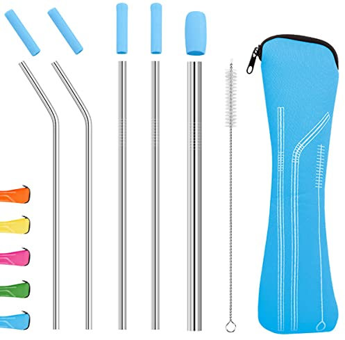 Uoking Metal Straw, 5 Pack Stainless Steel Straws Friendly Drinking Reusable Straw with Silicone Tips Cover & 1 Cleaning Brushes (Blue)