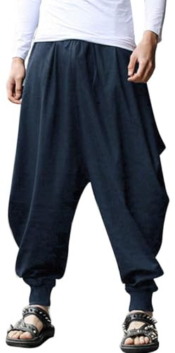 AITFINEISM Men's Drawstring Casual Hippie Harem Pants Loose Drop Crotch Trousers (S,Navy)