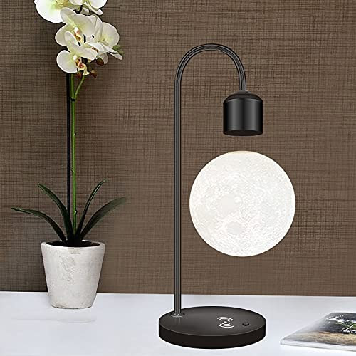 MODIRNATION Unique Modern Levitating Lamp with Floating Light and Built-in Qi Wireless Charger, Simplistic and Innovative Design, Warm Decorative Night Light (Black Moon)