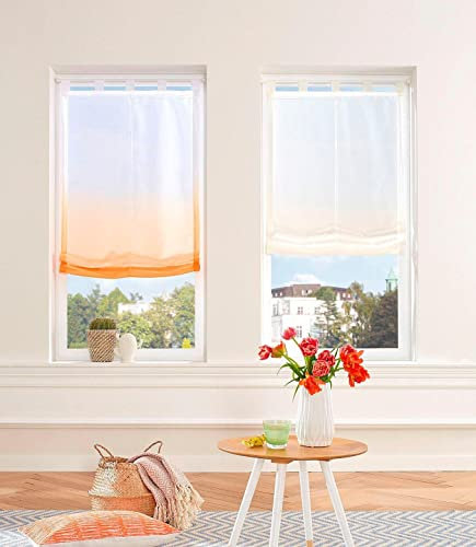 Devola Raffrollo Farbverlauf Vorhang transparent Voile Raffgardinen Modern Rollo mit Kordelzug Küchengardine mit Schlaufen Faltvorhang BxH 120x150cm Orange 1er Pack