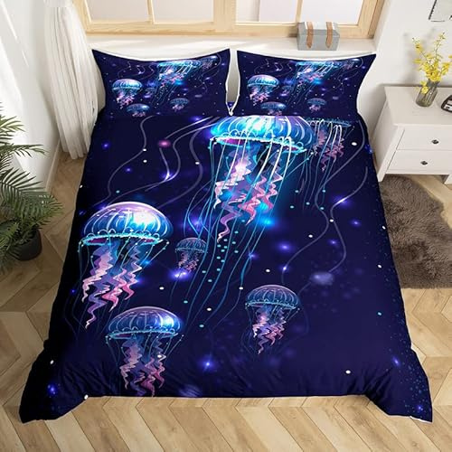 Loussiesd Leuchtende Qualle Bettwäsche Set 135x200cm für Mädchen Jungen Ozean Wassertier Betten Set Meerestiere Unterwasserwelt Zimmer Deko Bettbezug Set Quallen 2tlg