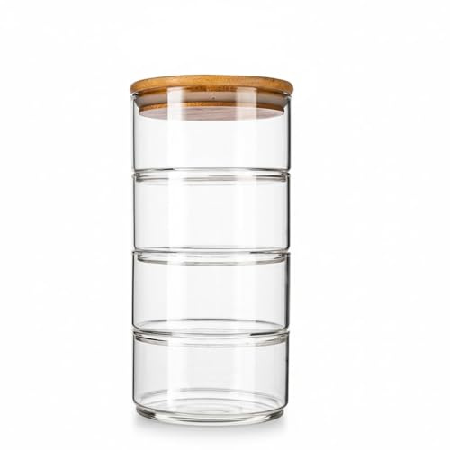 DOITOOL 4 Tier Glass Storage Containers, 450 ml Each, Bamboo Lid | Stackable Round Bowls for Snacks, Fruit, Salad, Sweets and Dry Food, 11 cm Diameter, 22 cm Total Height